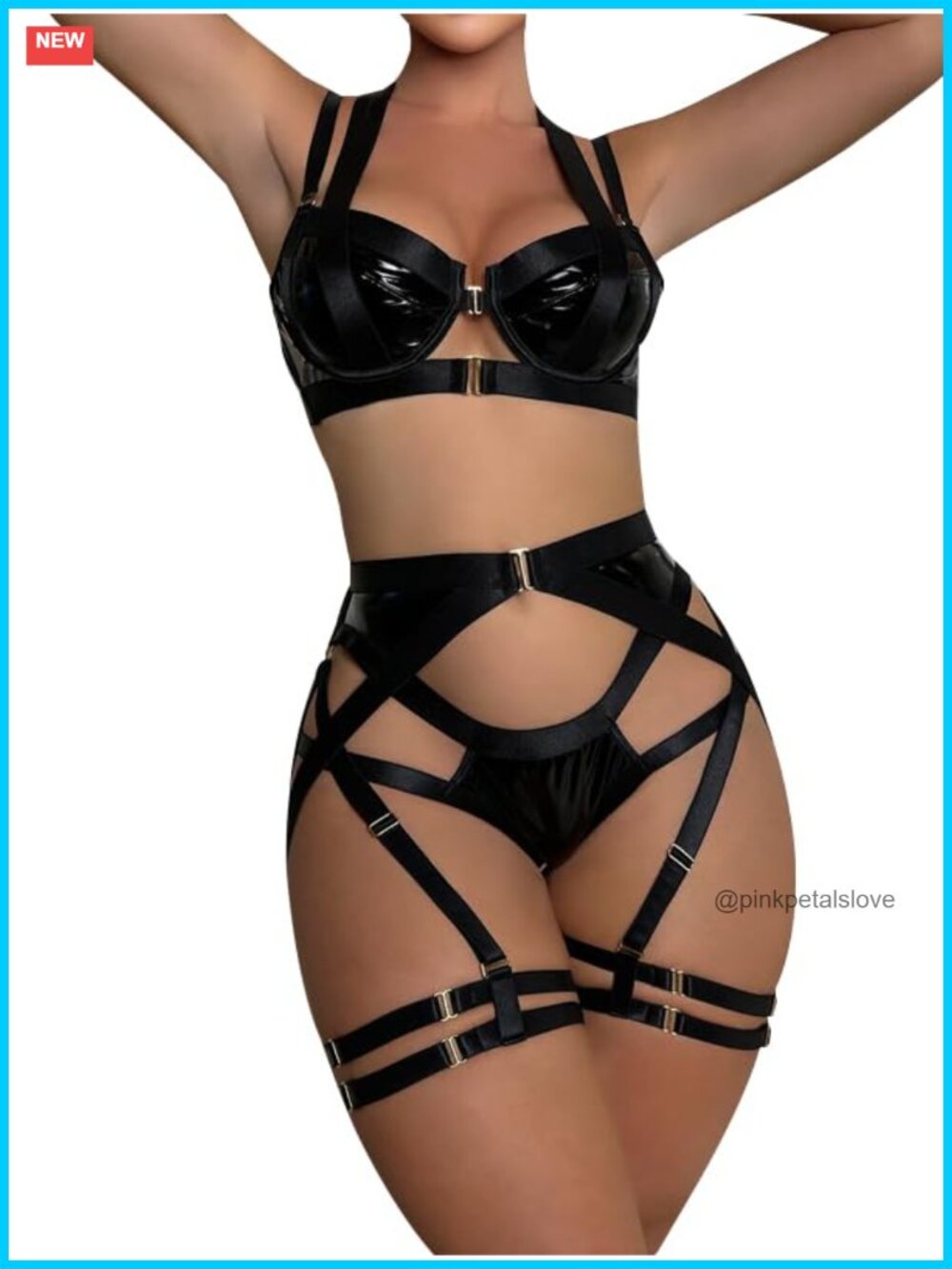 Sexy Strappy Underwire Push Up Garter Belt Lingerie Set Harness Cutout Matching - Picture 2 of 7